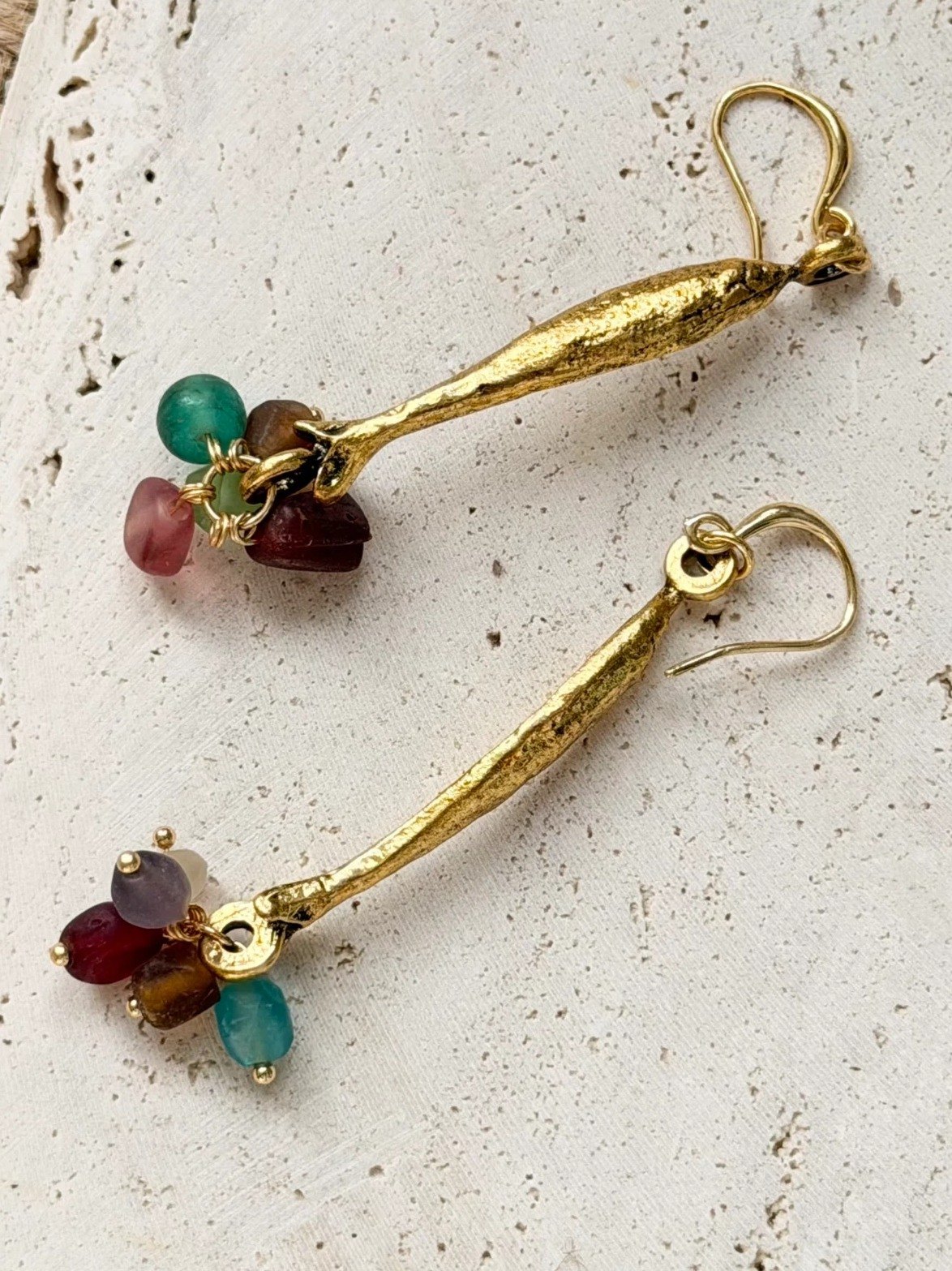 Golden fishbone glass bead drop earrings handcrafted by E-SHOO Shanghai studio