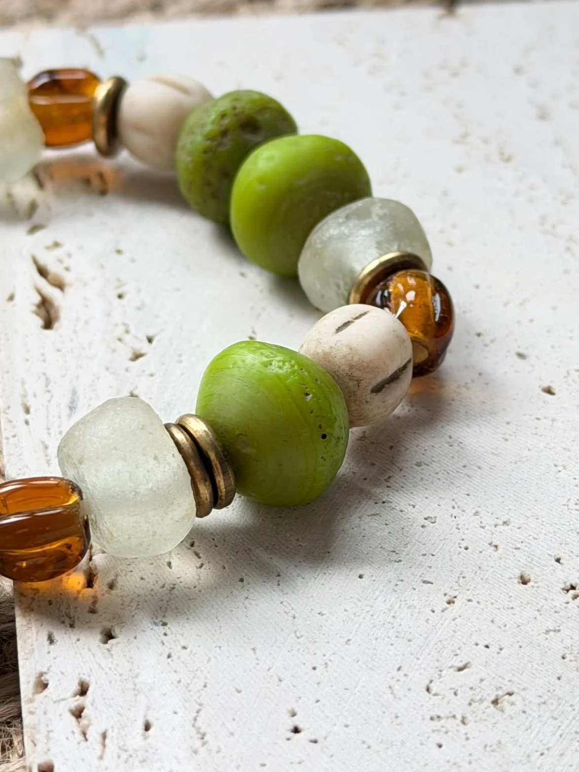Olive green frosted sea glass bracelet with amber accents by E-SHOO