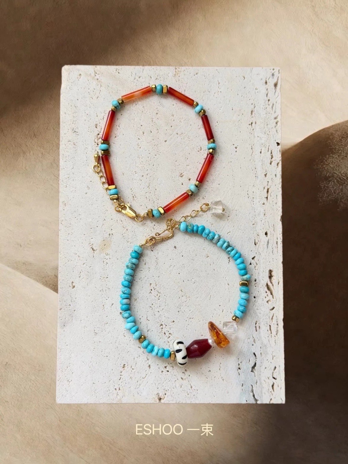 Handmade island sunset glass beaded bracelet in turquoise blue by E-SHOO