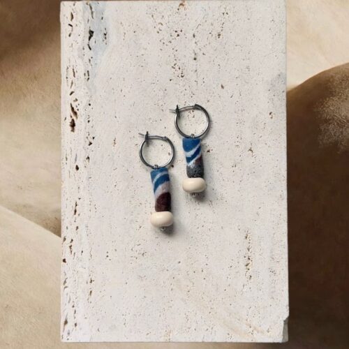 Handmade striped glass bead hoop earrings in indigo rust and cream by E-SHOO