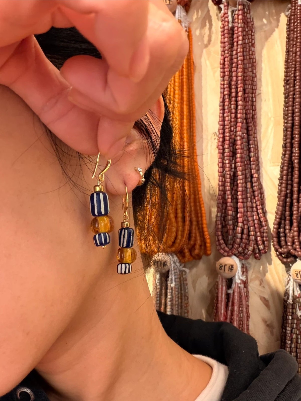 Handmade indigo stripe and amber glass drop earrings by E-SHOO