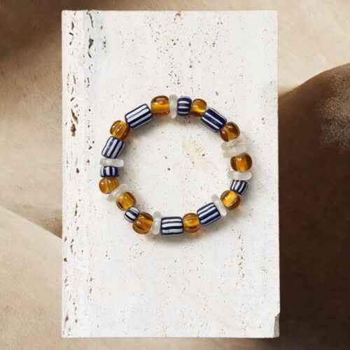 Indigo striped glass bead stretch bracelet with amber accents by E-SHOO