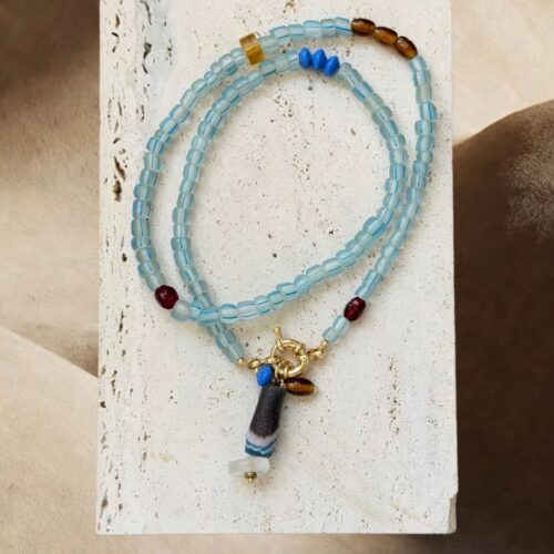 Handmade sky blue glass seed bead charm necklace by E-SHOO
